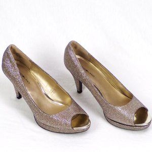 BANDOLINO size 8.5M BDMYLAH silver-metallic open-toe party pumps fabric uppers